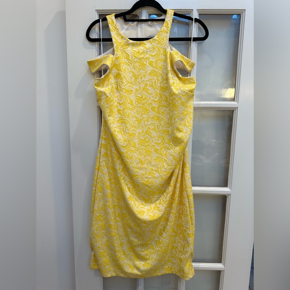 Vintage Cache Yellow White Floral Embossed Ruched Split Straps Sexy Size 14 NWT